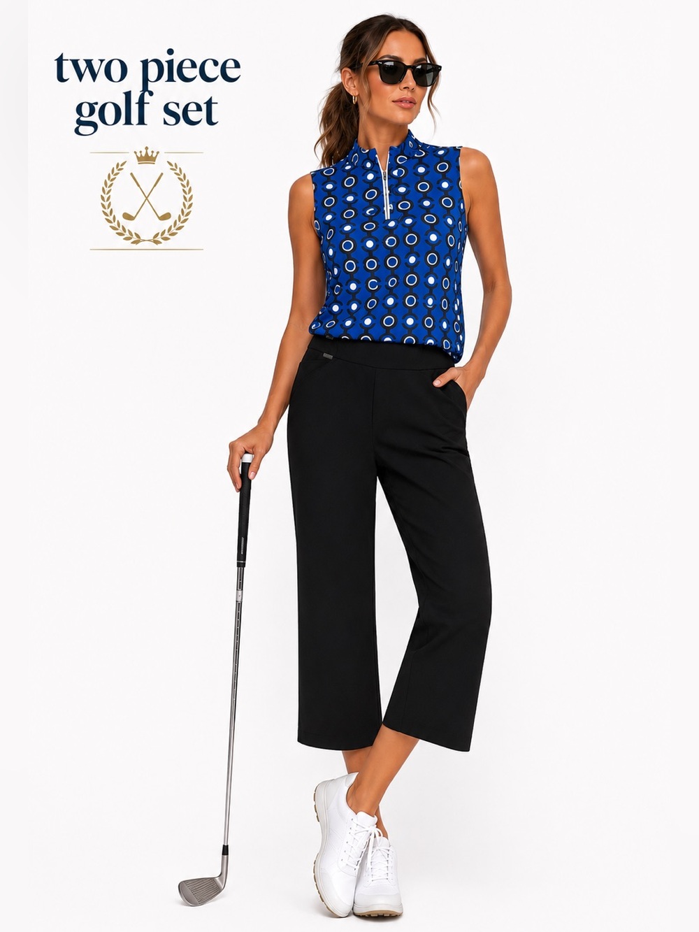 ACEGOLFS 2 Piece Resort Golf Set Blue Print Top + Black Crop Pants Country Club